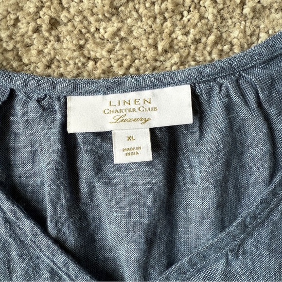 Charter Club Luxury Linen Front Tie Blue Lagenlook Top - Picture 6 of 10